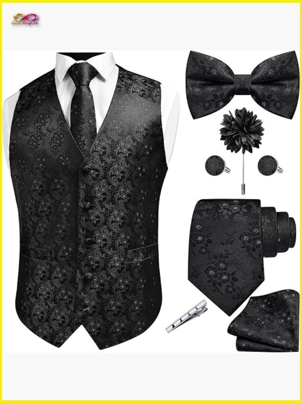 Men's Jacquard Vest Set Formal Elegant Wedding Party Wear 7 Piece